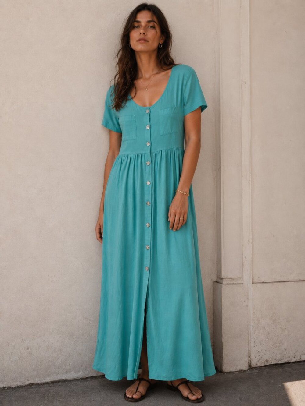 VTG SEGMENTS Turquoise Button Front Maxi Dress Cottagecore Coastal Boho Retro